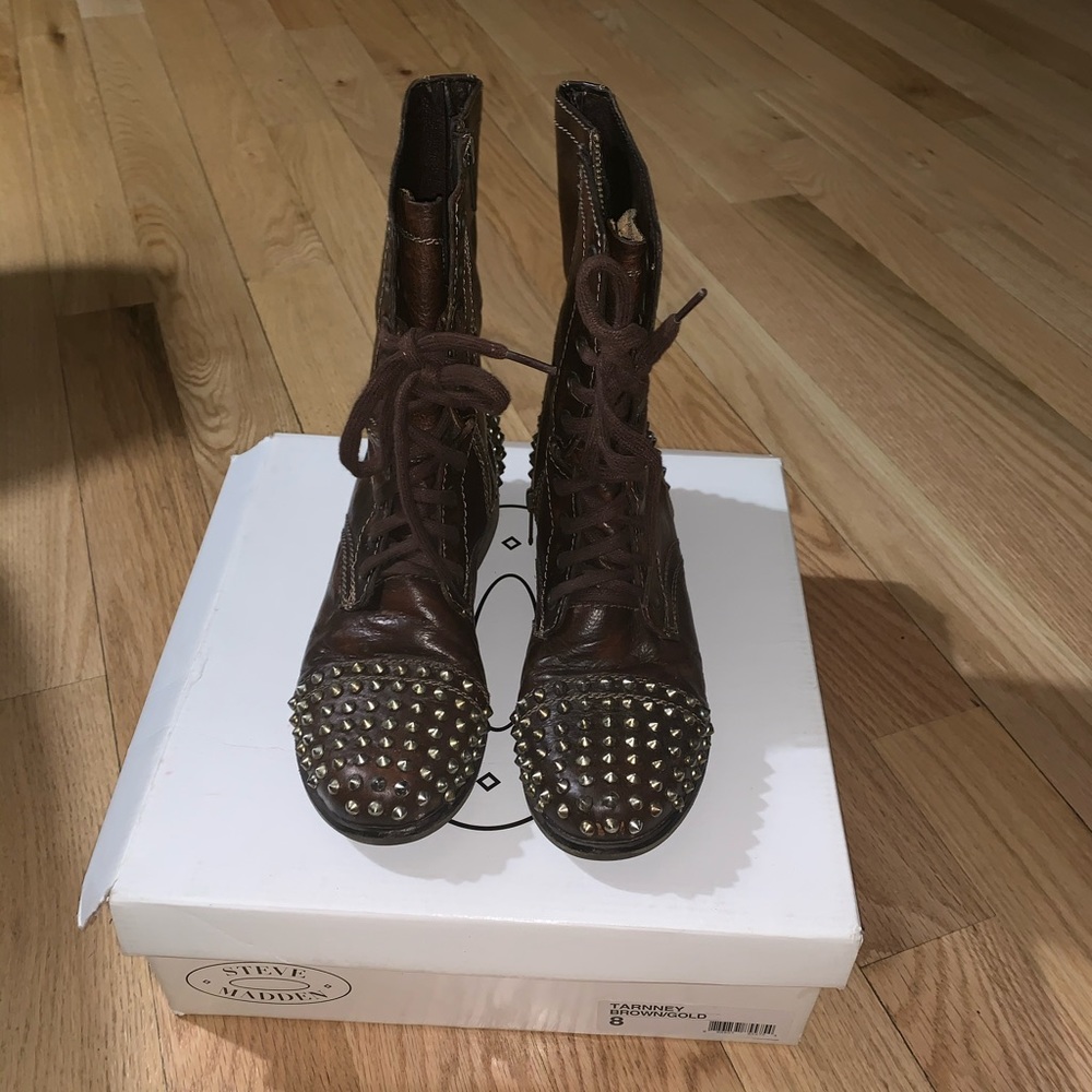Brown studded combat boots